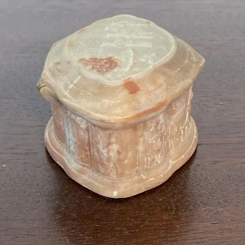Vintage Genuine Incolay Stone Jewelry Trinket Box Victorian Inspired Scenes USA